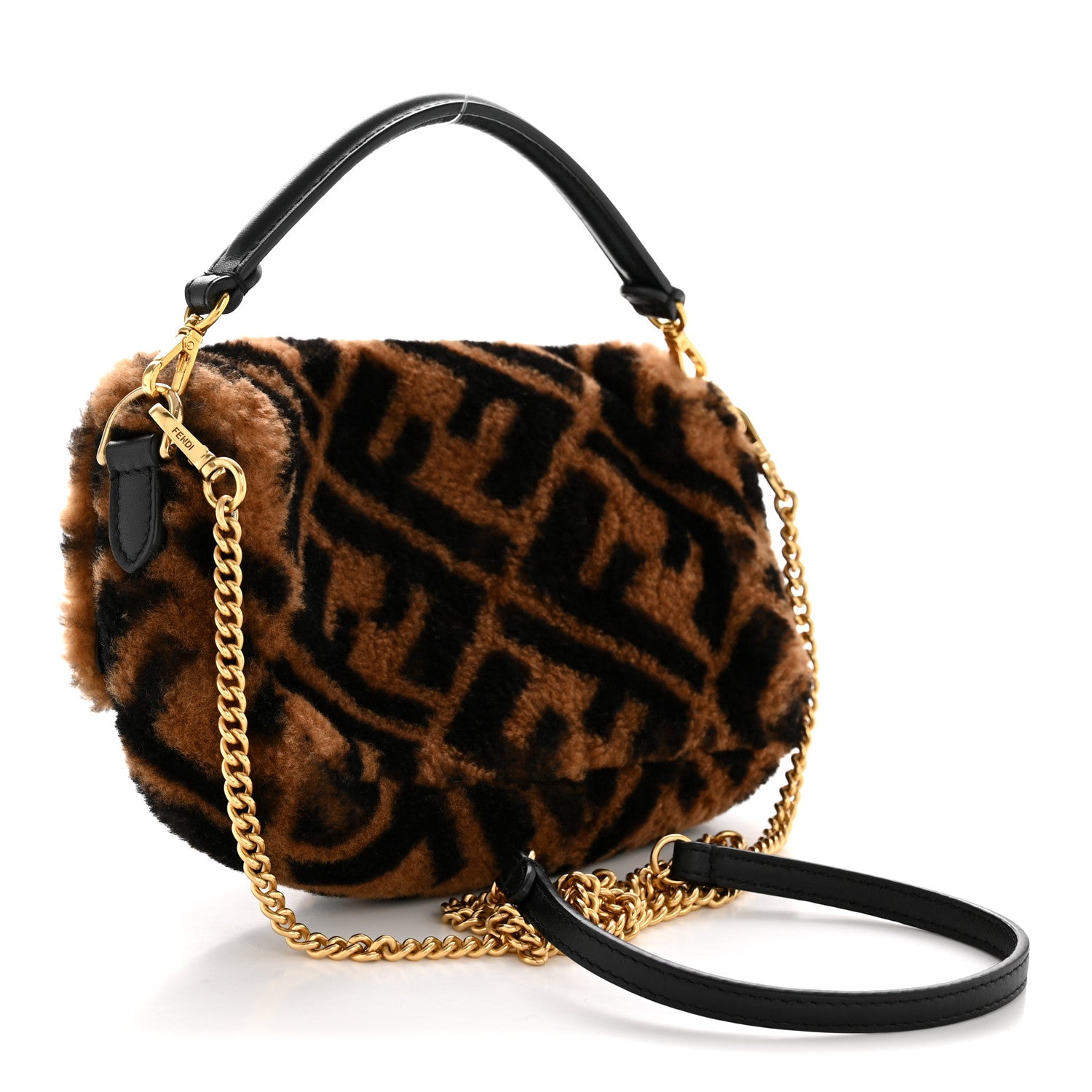 Fendi Shearling Vitello Dolce Macro FF 1974 Mini Baguette Tobacco