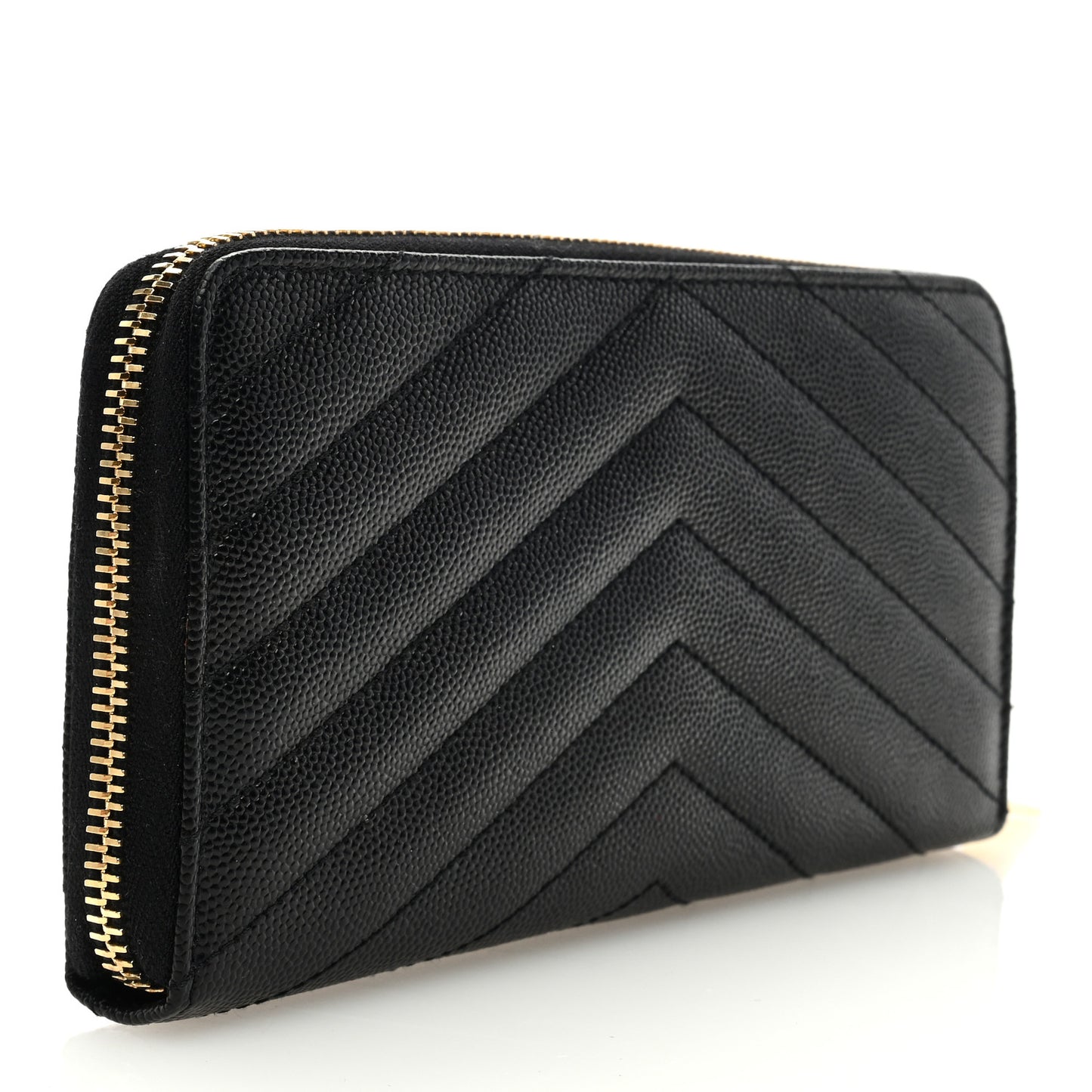 SAINT LAURENT Grain De Poudre Matelasse Chevron Monogram Zip Around Wallet Black