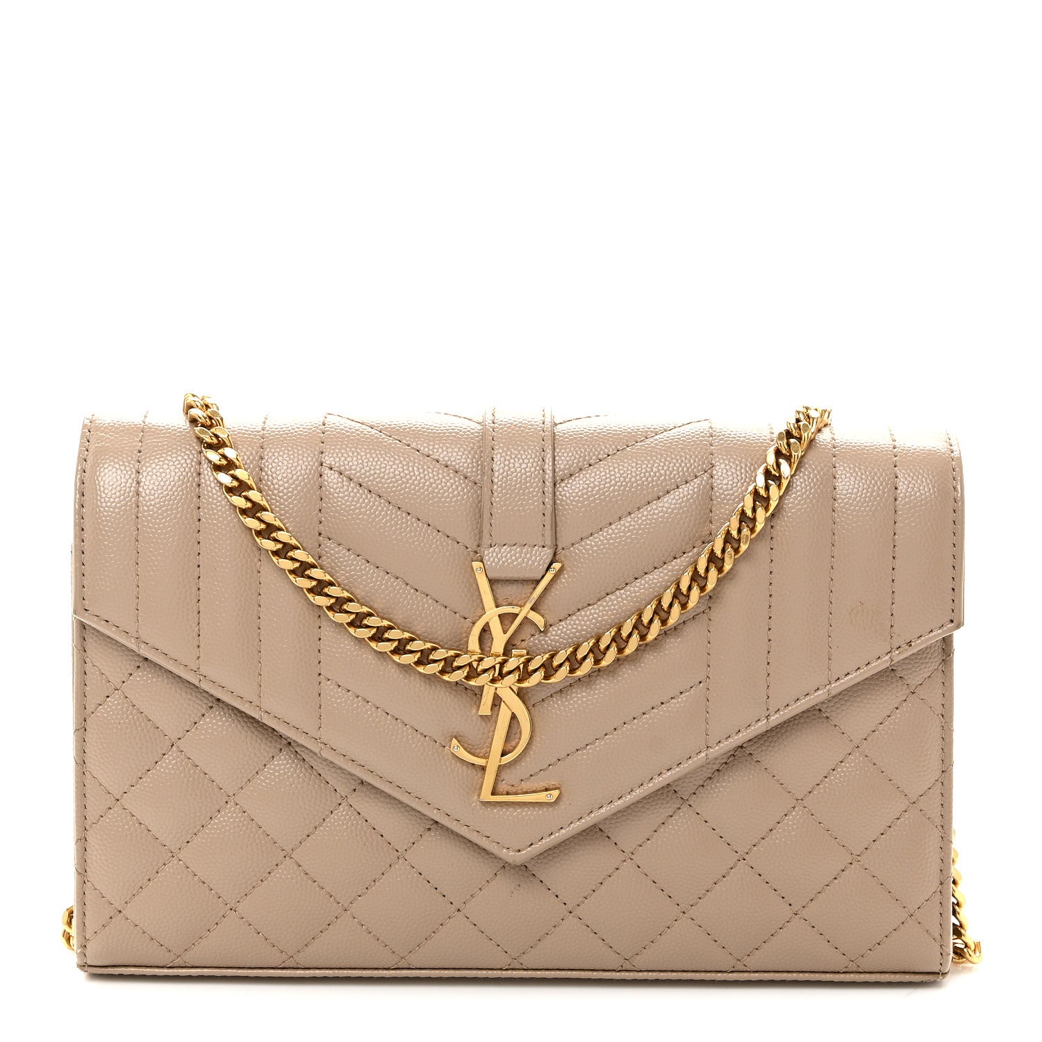 Saint Laurent Grain De Poudre Mixed Matelasse Triquilt Monogram Chain Wallet Dark Beige 1 of 11