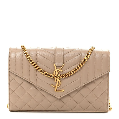 Saint Laurent Grain De Poudre Mixed Matelasse Triquilt Monogram Chain Wallet Dark Beige 1 of 11