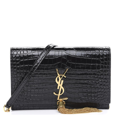 Saint Laurent Calfskin Crocodile Embossed Kate Monogram Tassel Chain Wallet Black 1 of 8