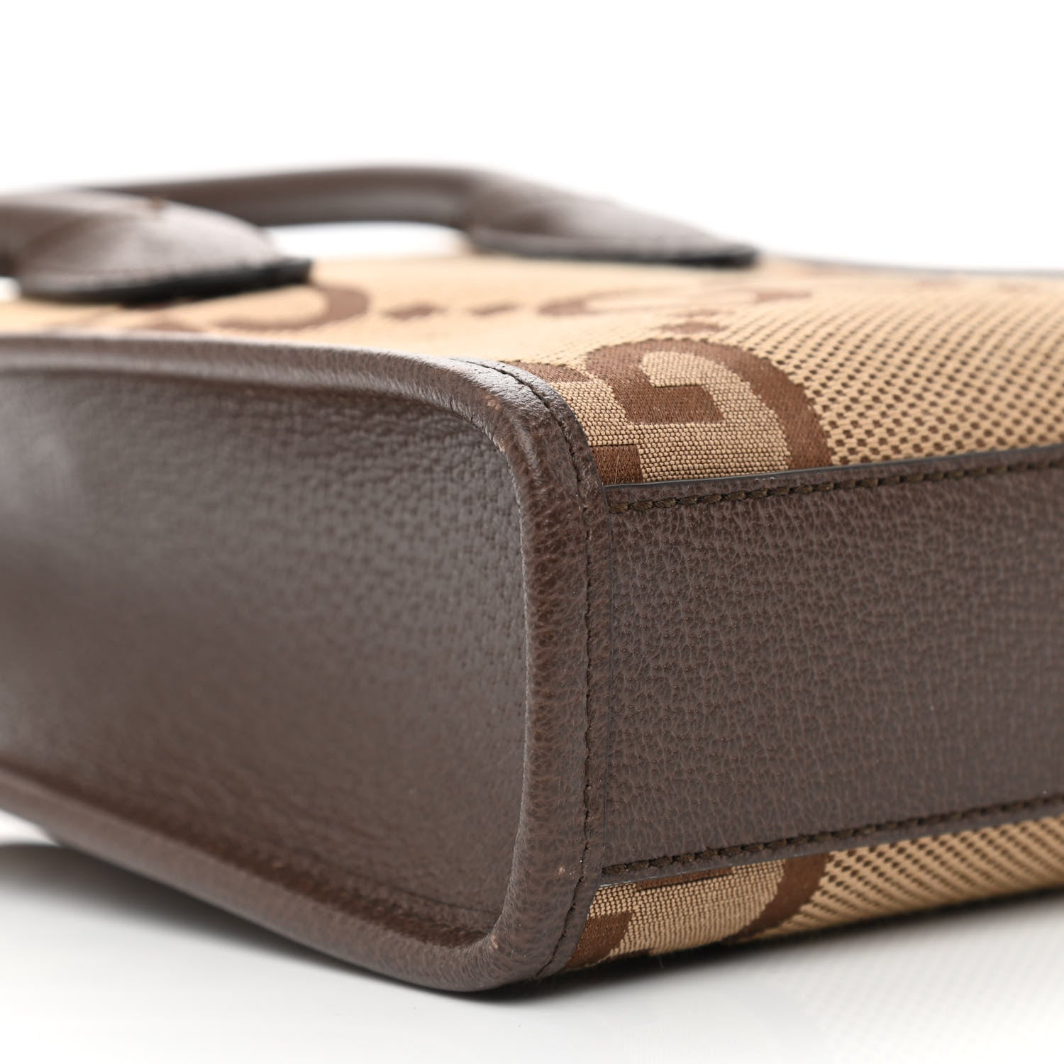 Gucci Monogram Jumbo GG Textured Dollar Calfskin Web Mini Vertical Tote Camel Ebony New Acero 9 of 11
