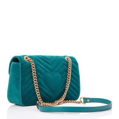 Gucci Velvet Matelasse Small GG Marmont Shoulder Bag Pavone Cyan 3 of 7
