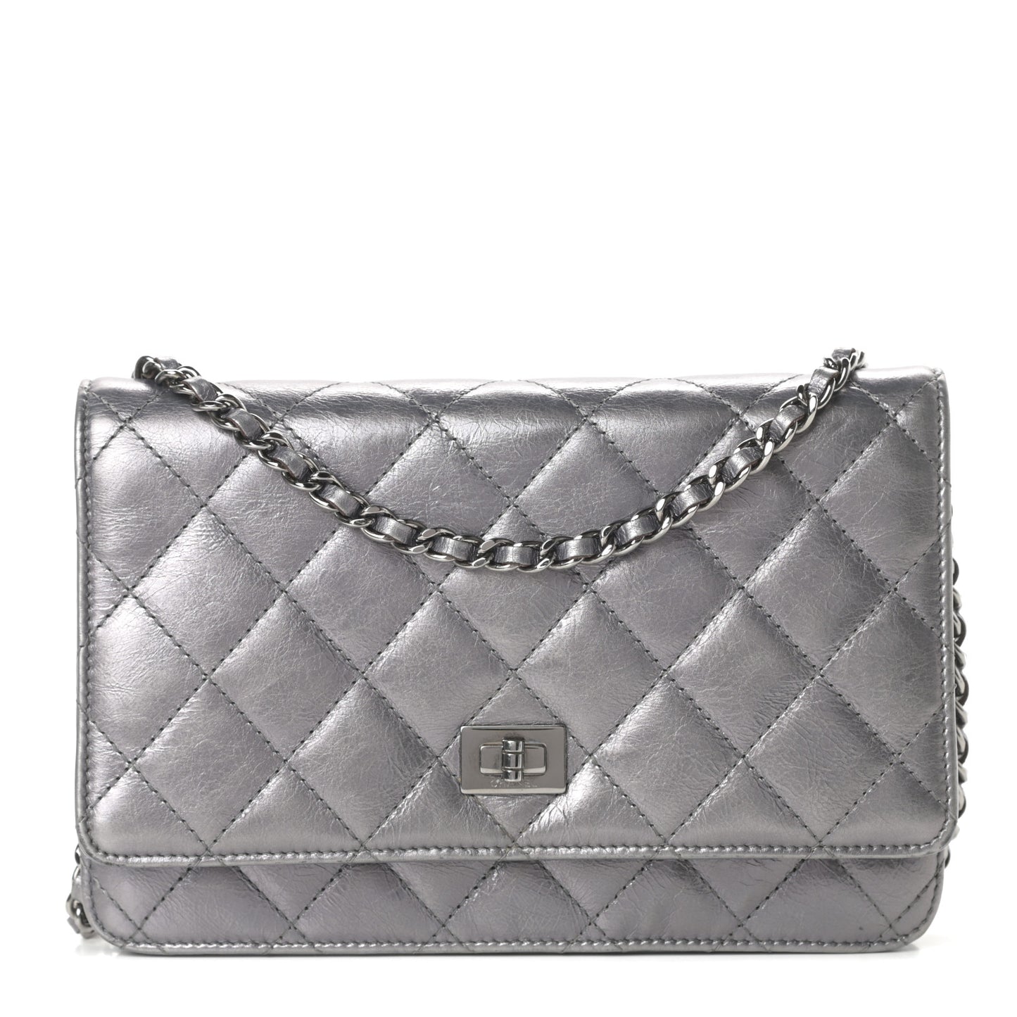 Metallic Aged Calfskin Quilted Reissue Wallet On Chain WOC Dark Silver