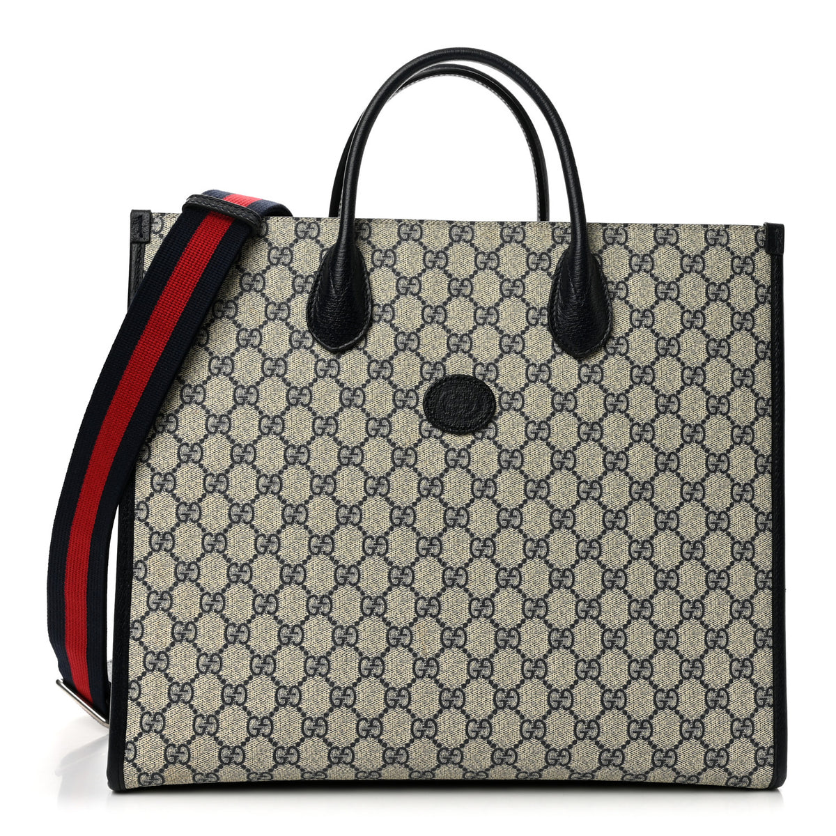 GG Supreme Monogram Azalea Calfskin Medium Retro Interlocking G Tote Bag Beige Blue