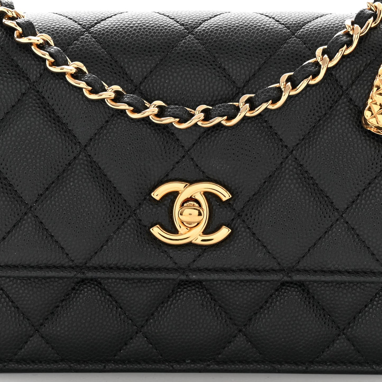 Shiny Caviar Quilted Flap Charm Wallet On Chain WOC Black