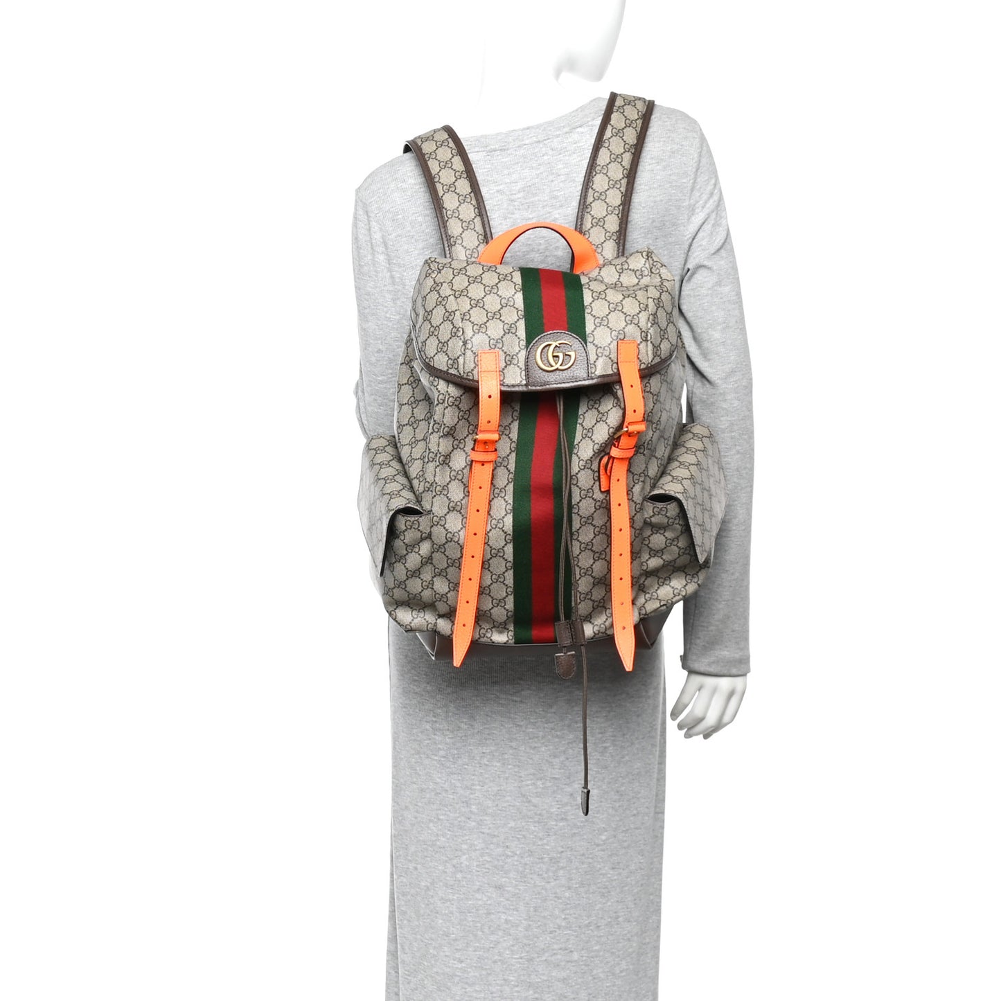 GG Supreme Monogram Medium Ophidia Double Buckle Backpack Beige Ebony Neon Orange