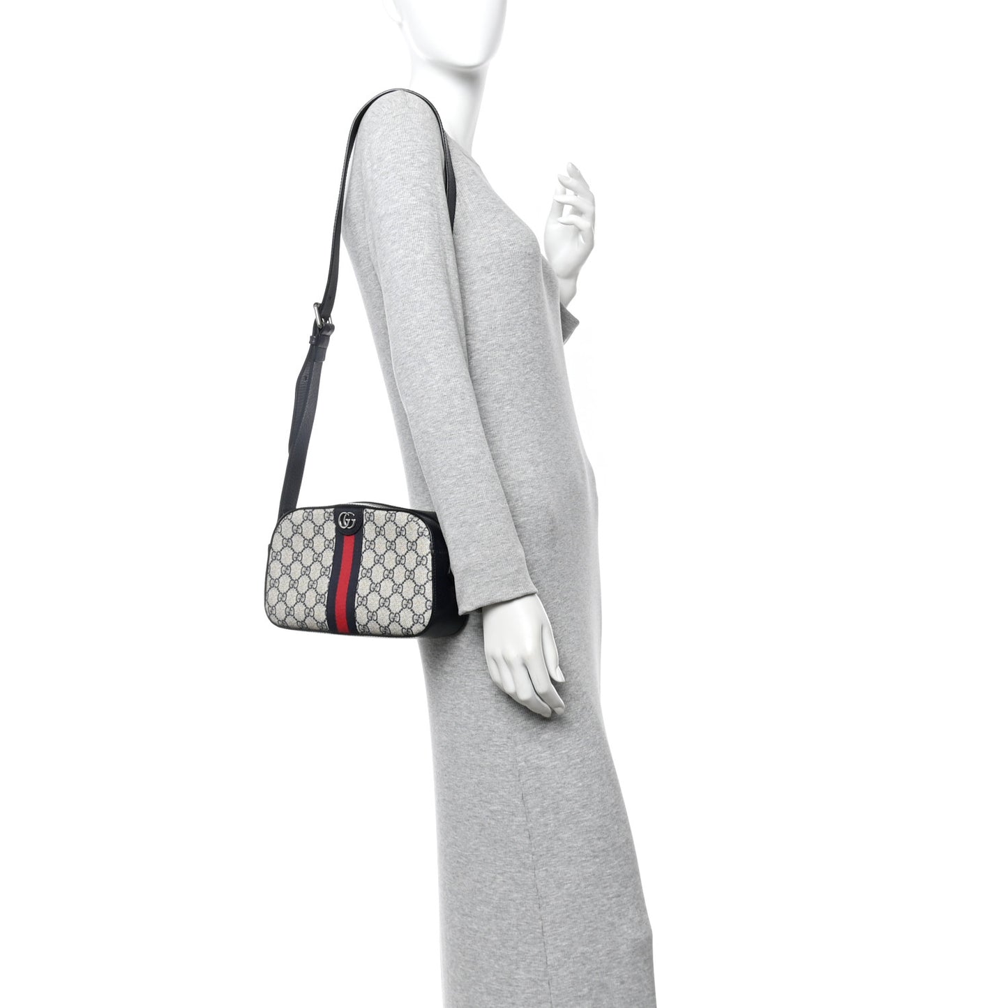 GG Supreme Monogram Textured Dollar Calfskin Web Small Ophidia Camera Bag Beige Blue