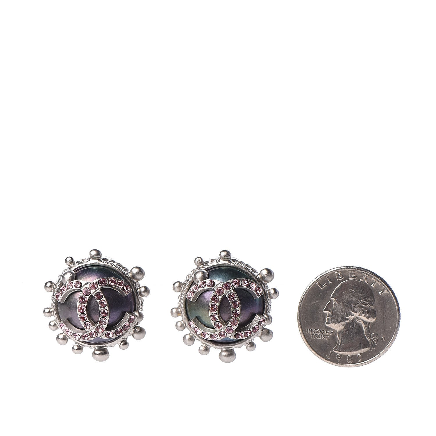 Chanel Pearl Crystal CC Earrings Silver Pink 2 of 4
