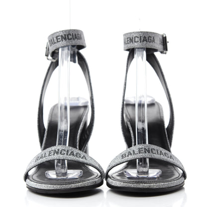 Balenciaga Glitter Allover Logo Ankle Strap Round Heel 80mm Sandals 37 Silver Black 2 of 9