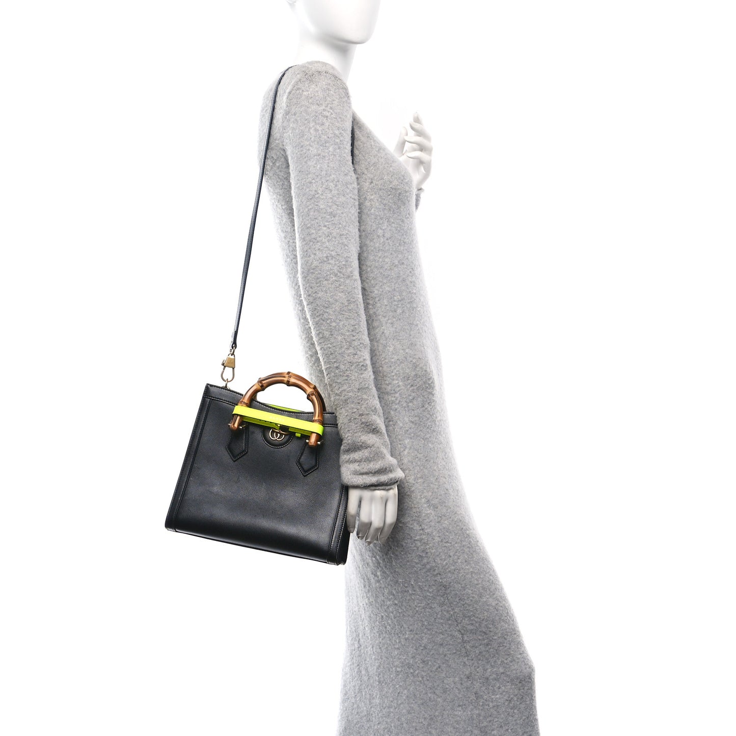 Calfskin Small Diana Tote Bag Black Yellow Fluo