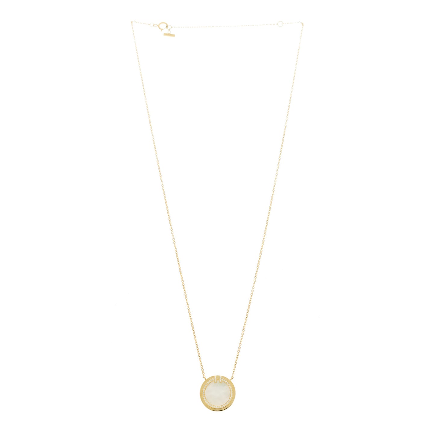 18K Yellow Gold Diamond Mother of Pearl T Circle Pendant Necklace