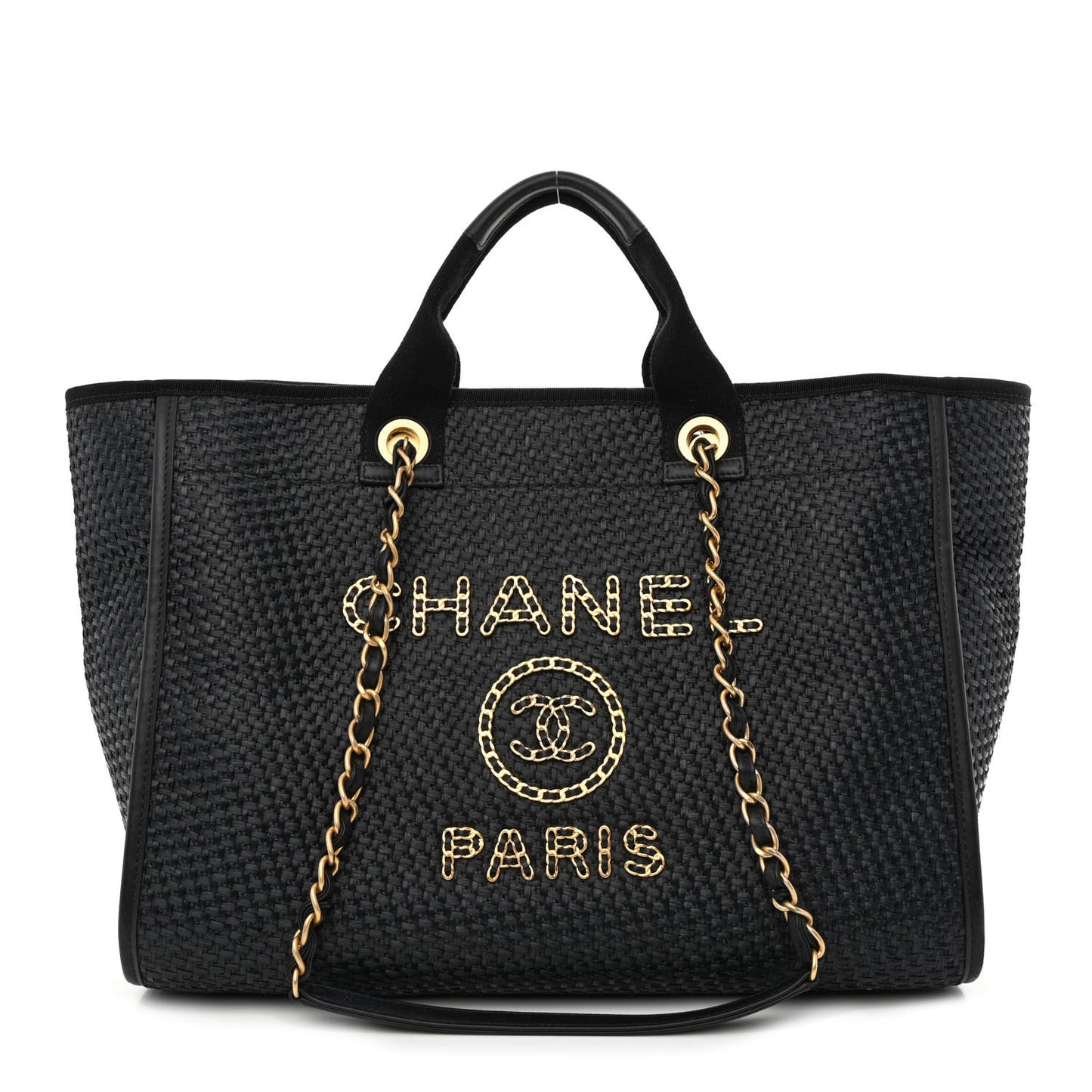 Straw Raffia Calfskin Chain Medium Deauville Tote Black