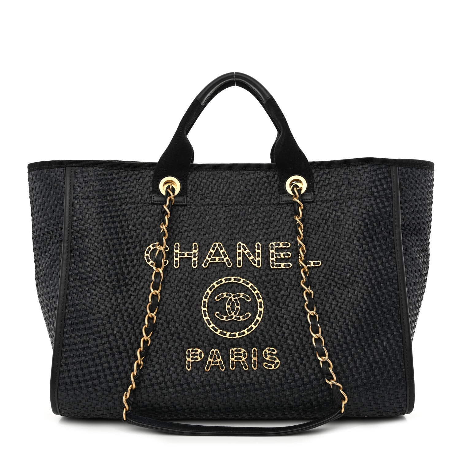 Chanel Straw Raffia Calfskin Chain Medium Deauville Tote Black 1 of 12