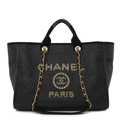 Chanel Straw Raffia Calfskin Chain Medium Deauville Tote Black 1 of 12