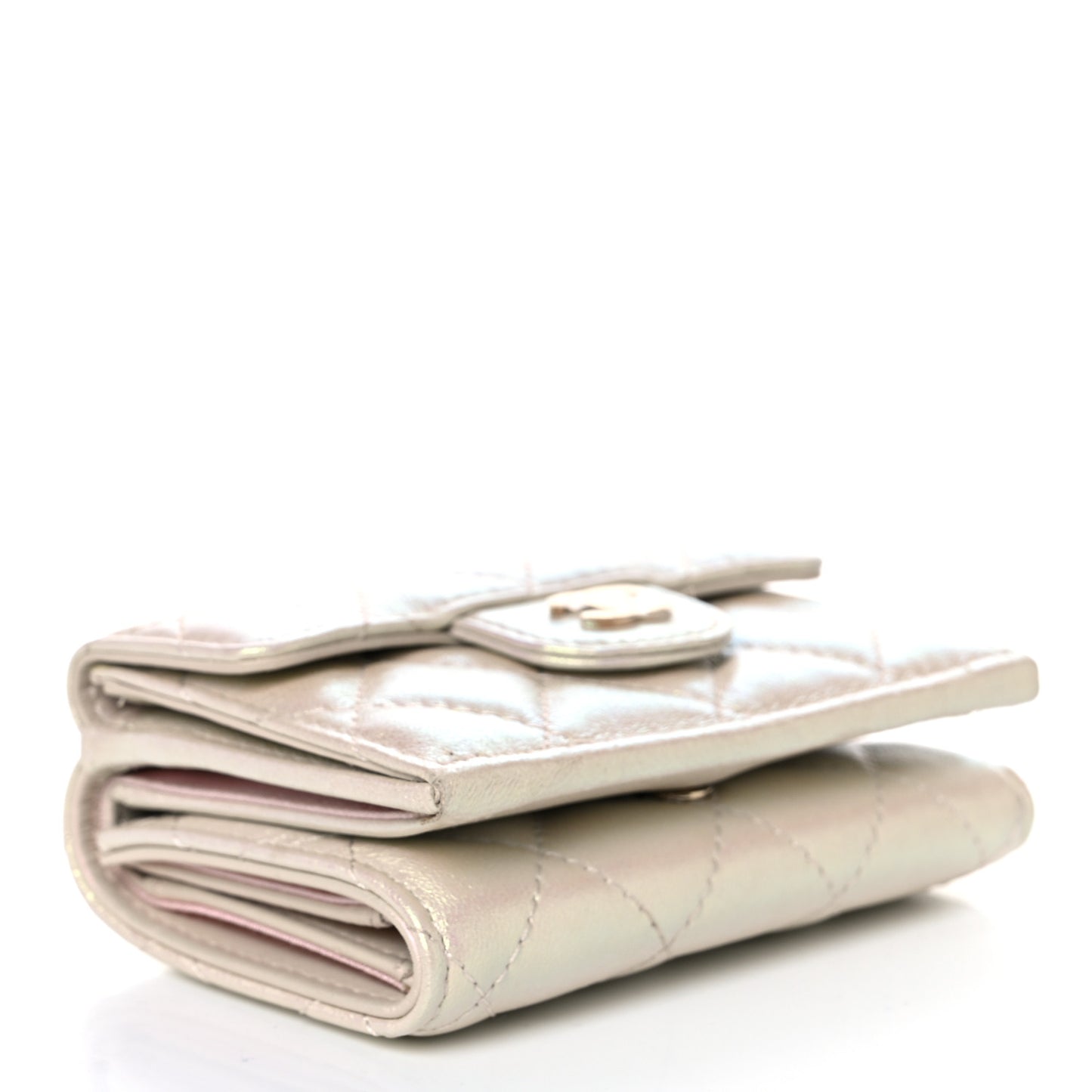 Iridescent Lambskin Quilted Double Flap Wallet Ivory