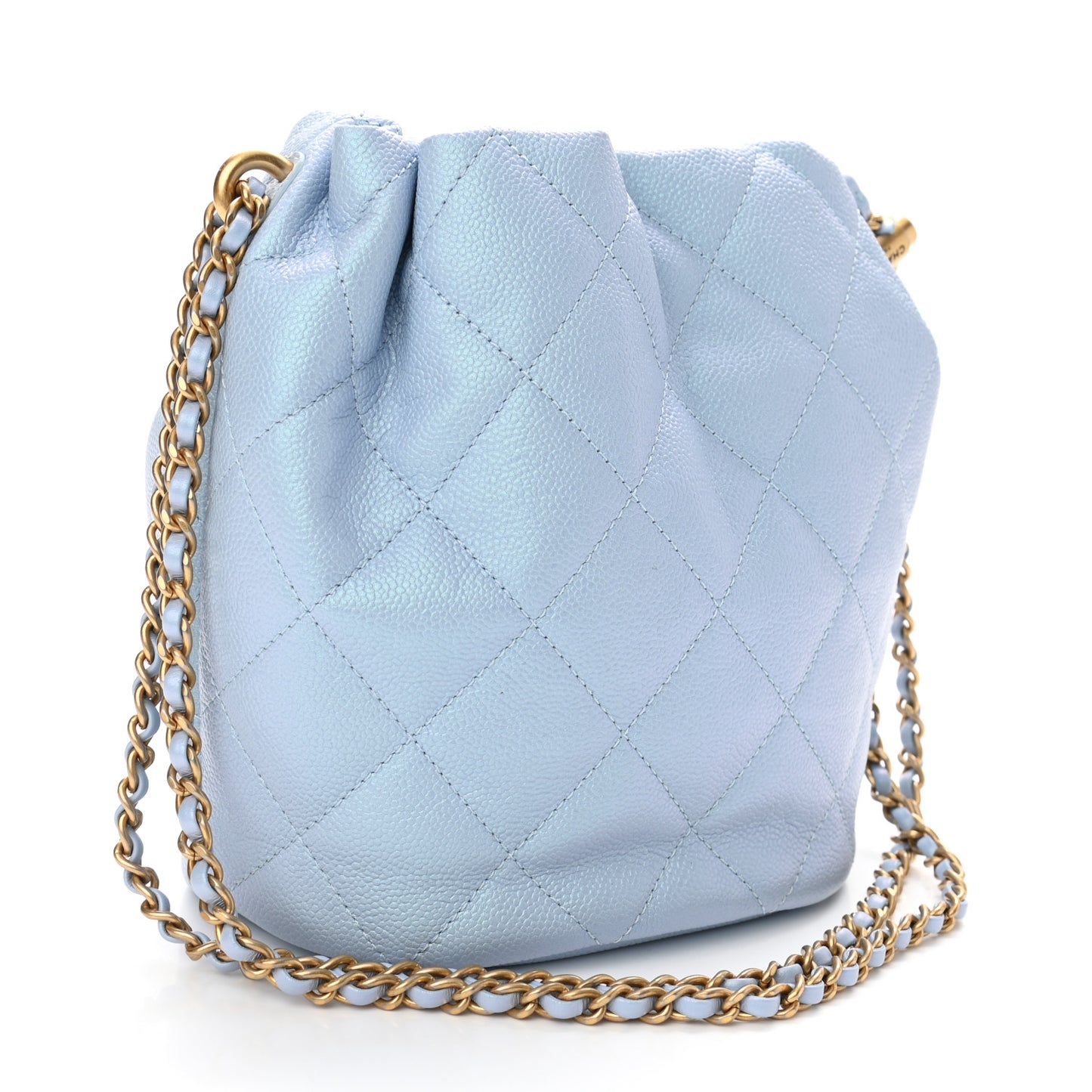 Iridescent Caviar Quilted My Perfect CC Bucket Drawstring Bag Light Blue