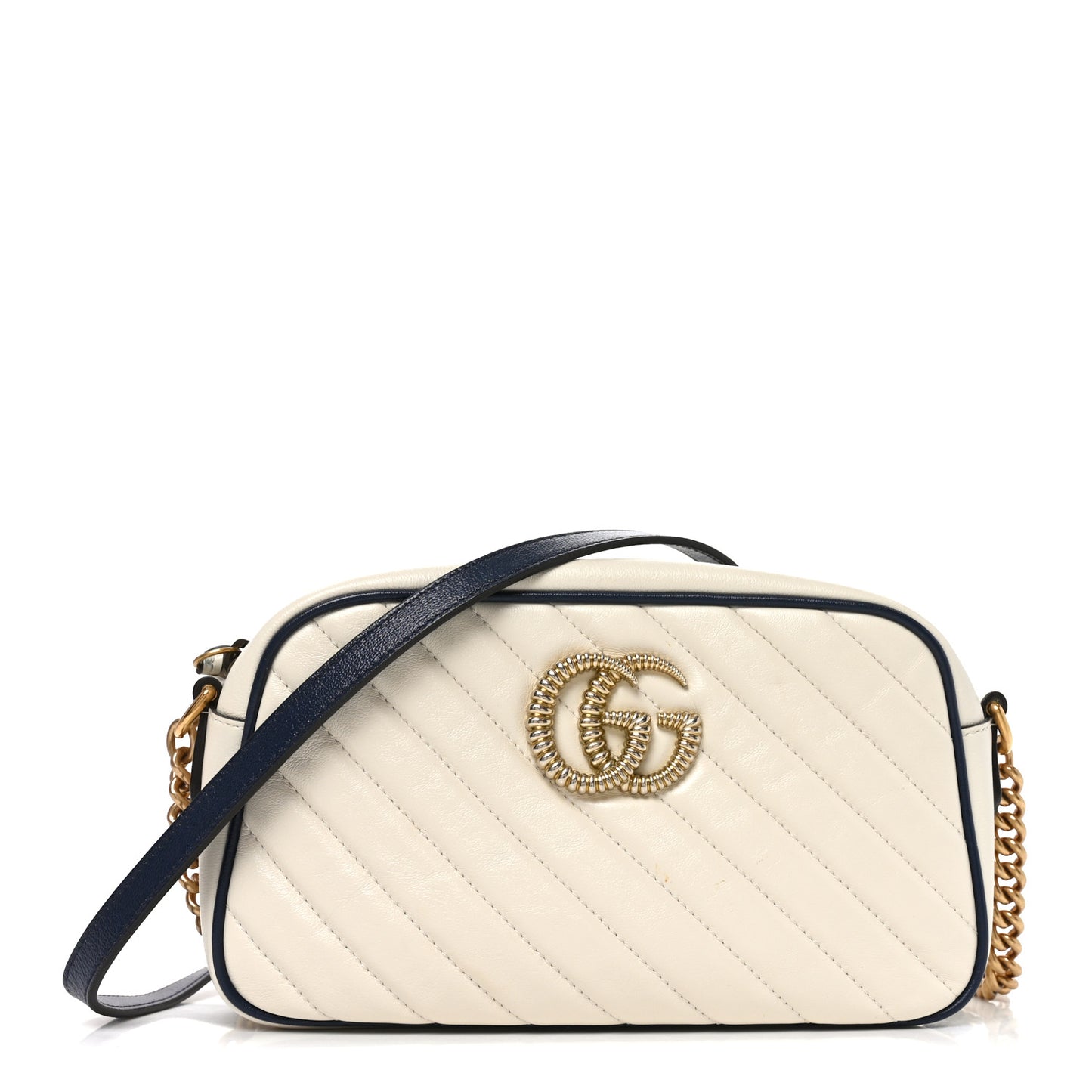 Vintage Effect Calfskin Matelasse Diagonal Small Torchon GG Marmont Chain Shoulder Bag Mystic White Blue Agata