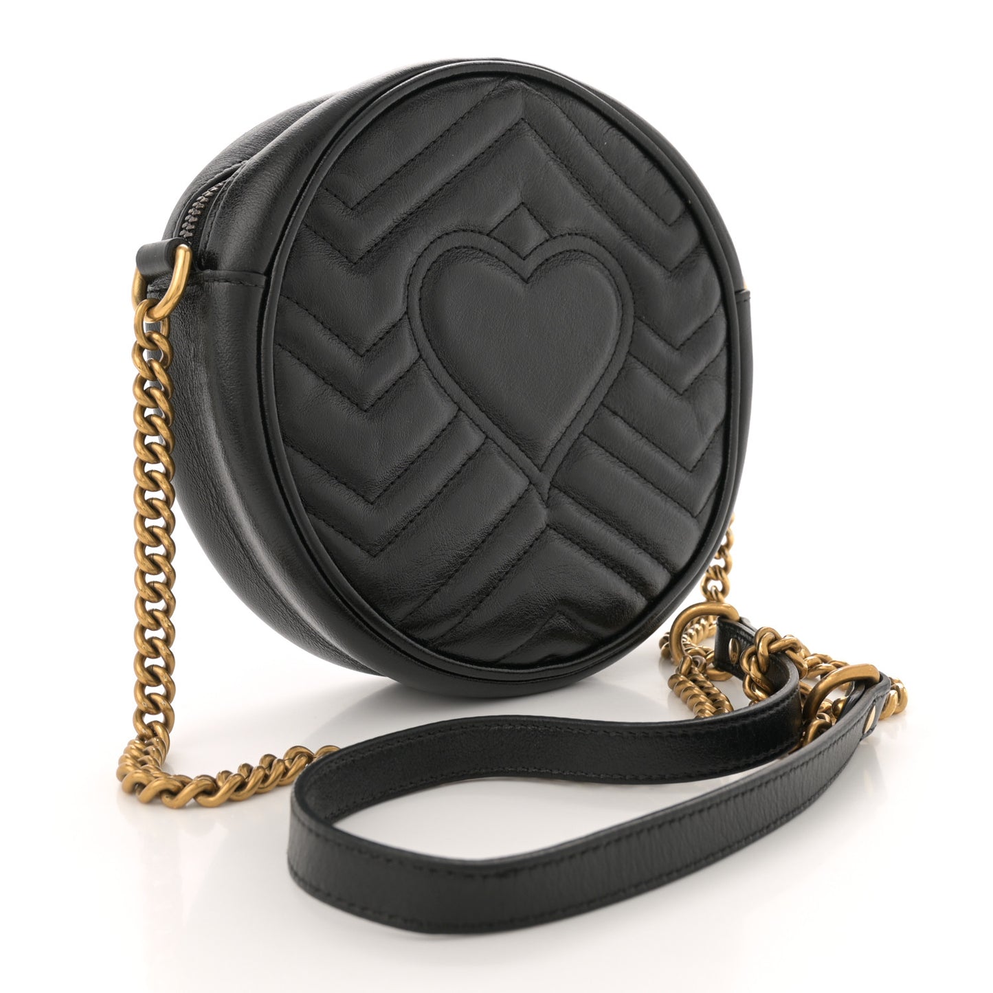 Azalea Calfskin Matelasse Heart Mini GG Marmont Round Shoulder Bag Black