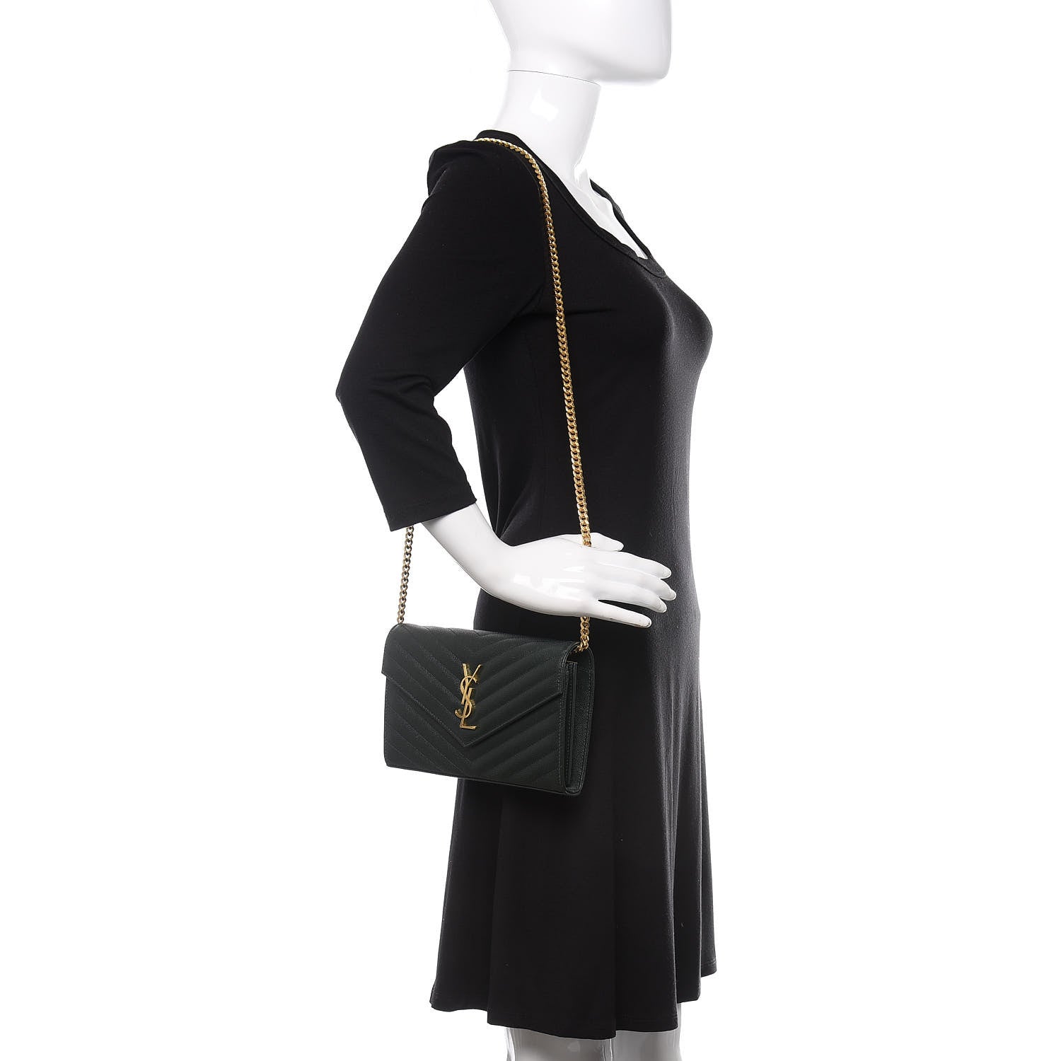 Saint Laurent Grain De Poudre Matelasse Chevron Monogram Chain Wallet Dark Green 2 of 11