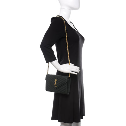 Saint Laurent Grain De Poudre Matelasse Chevron Monogram Chain Wallet Dark Green 2 of 11