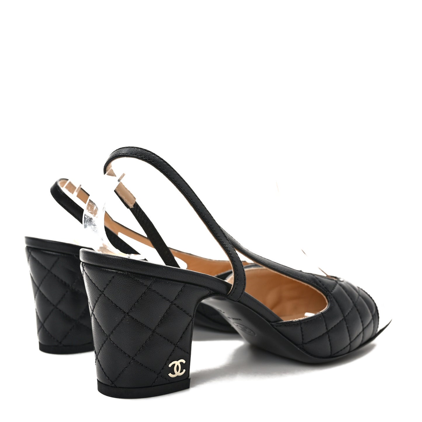 Lambskin Patent Calfskin Quilted Cap Toe CC Slingback Pumps 38 Black