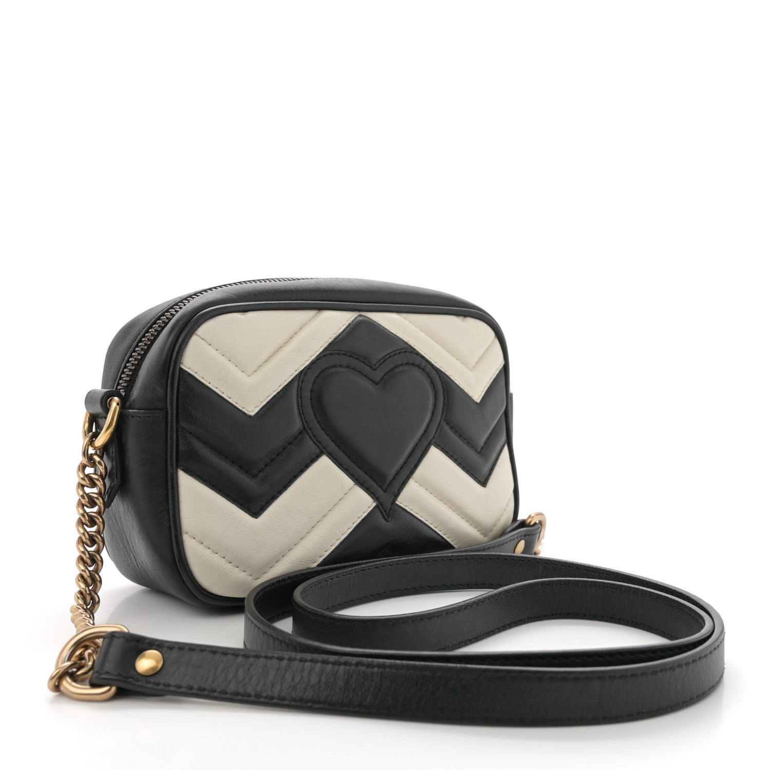 Gucci Calfskin Matelasse Mini GG Marmont Chain Shoulder Bag Black White 3 of 12