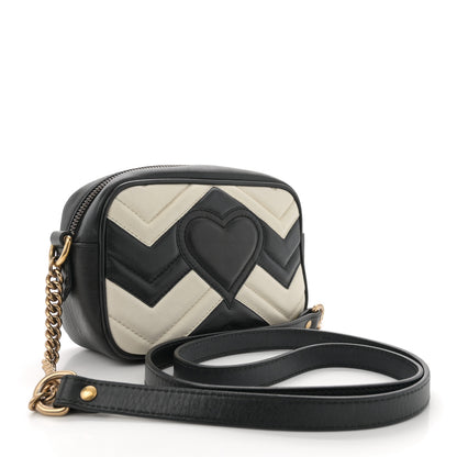 Gucci Calfskin Matelasse Mini GG Marmont Chain Shoulder Bag Black White 3 of 12