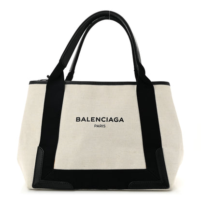 Balenciaga Cotton Canvas Satin Calfskin S Navy Cabas Natural Black 1 of 12