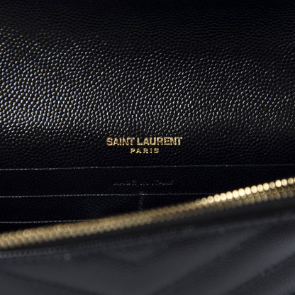 Saint Laurent Grain De Poudre Matelasse Chevron Monogram Envelope Chain Wallet Black 9 of 10