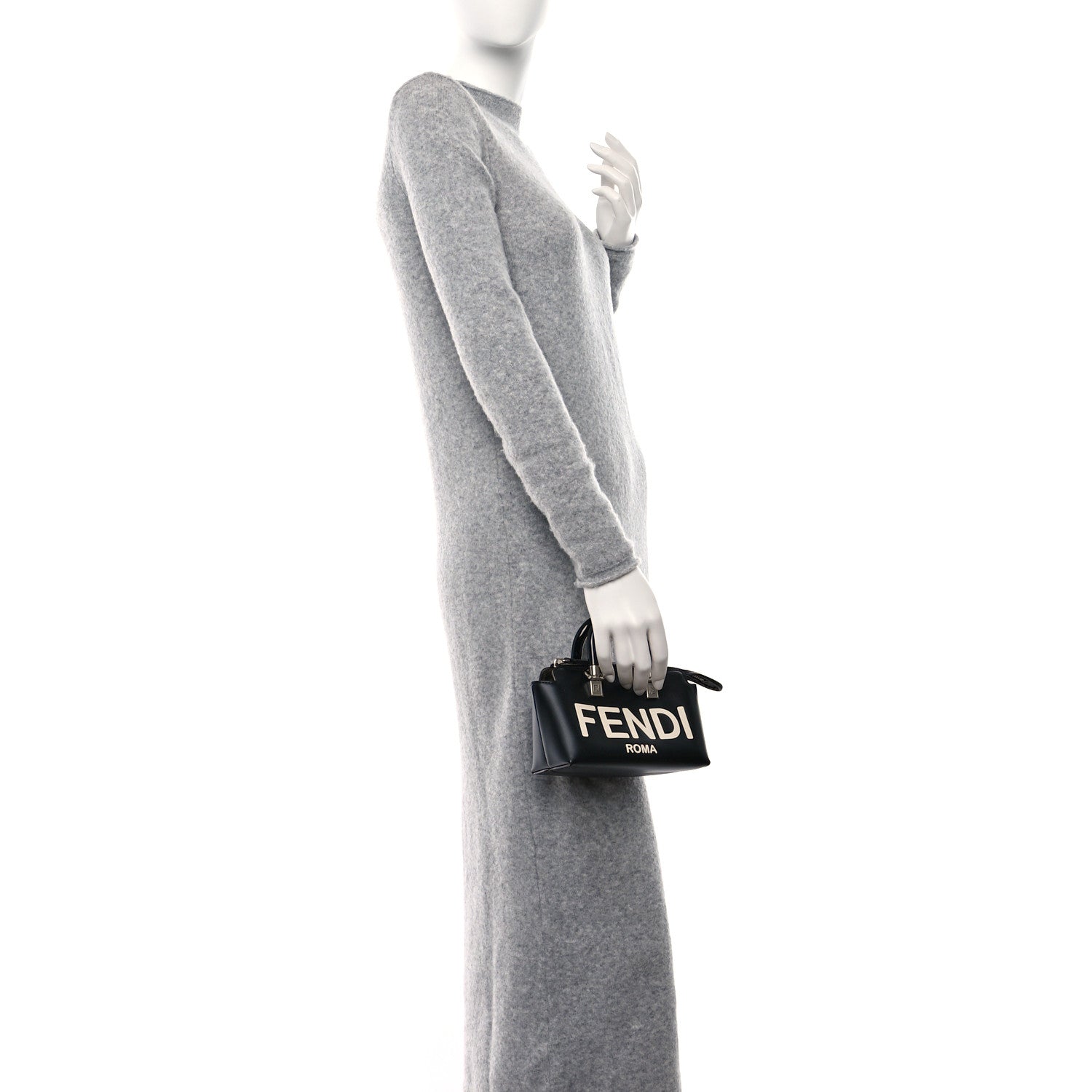 Fendi Vitello King Plexiglass Logo Embossed Mini By The Way Top Handle Boston Bag Black White 2 of 9