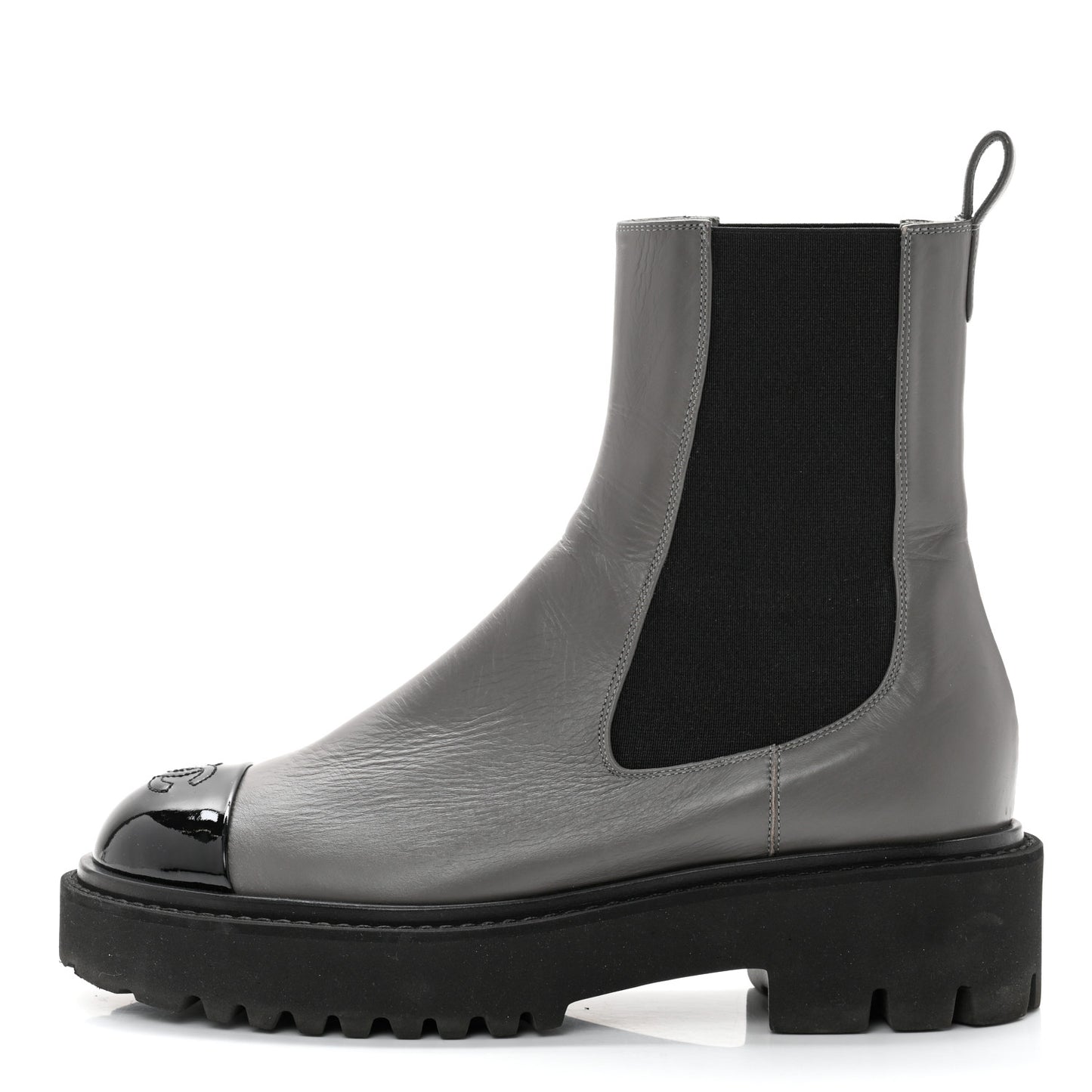 Crumpled Calfskin Patent Cap Toe Short Boots 38.5 Dark grey Black