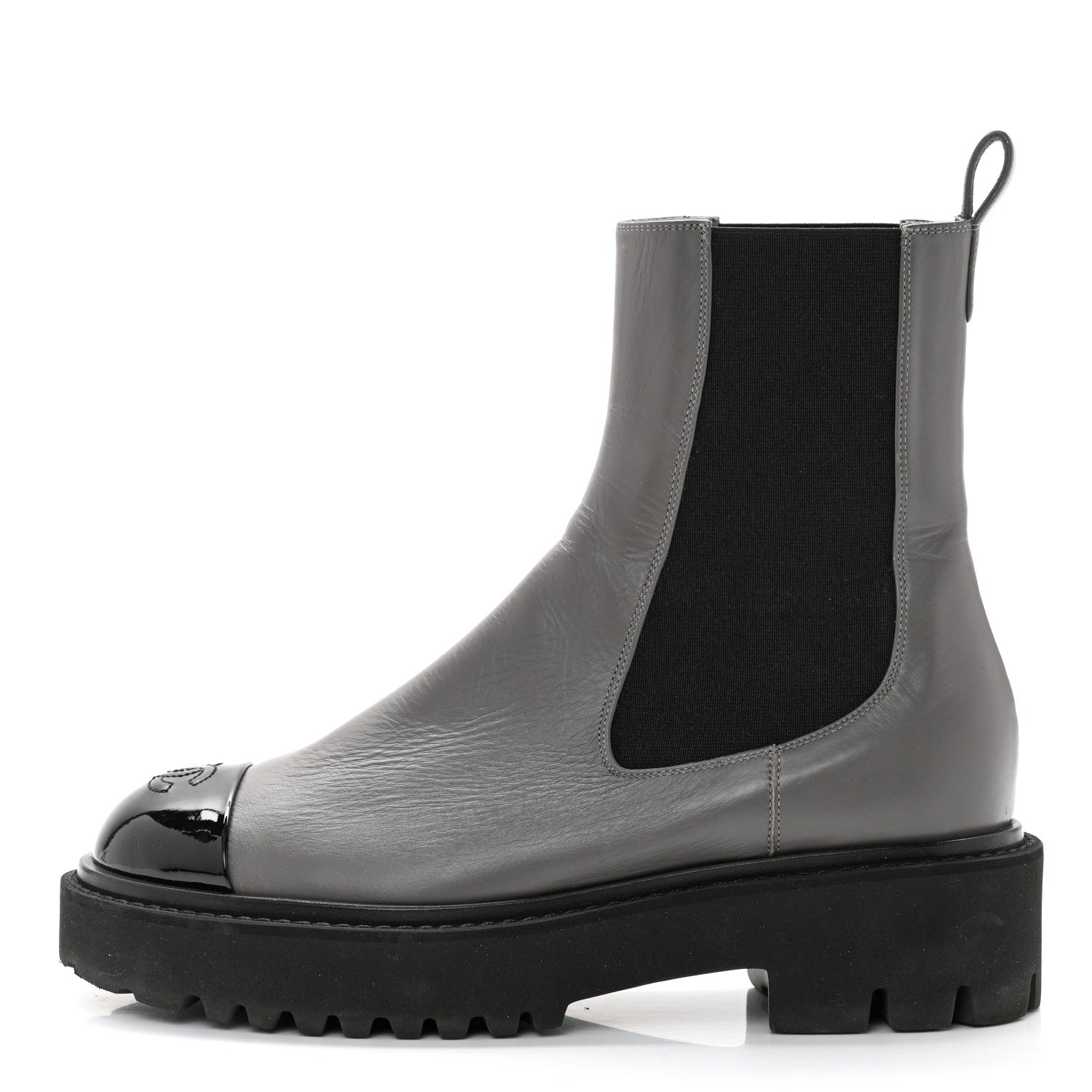 Chanel Crumpled Calfskin Patent Cap Toe Short Boots 38.5 Dark grey Black 1 of 9