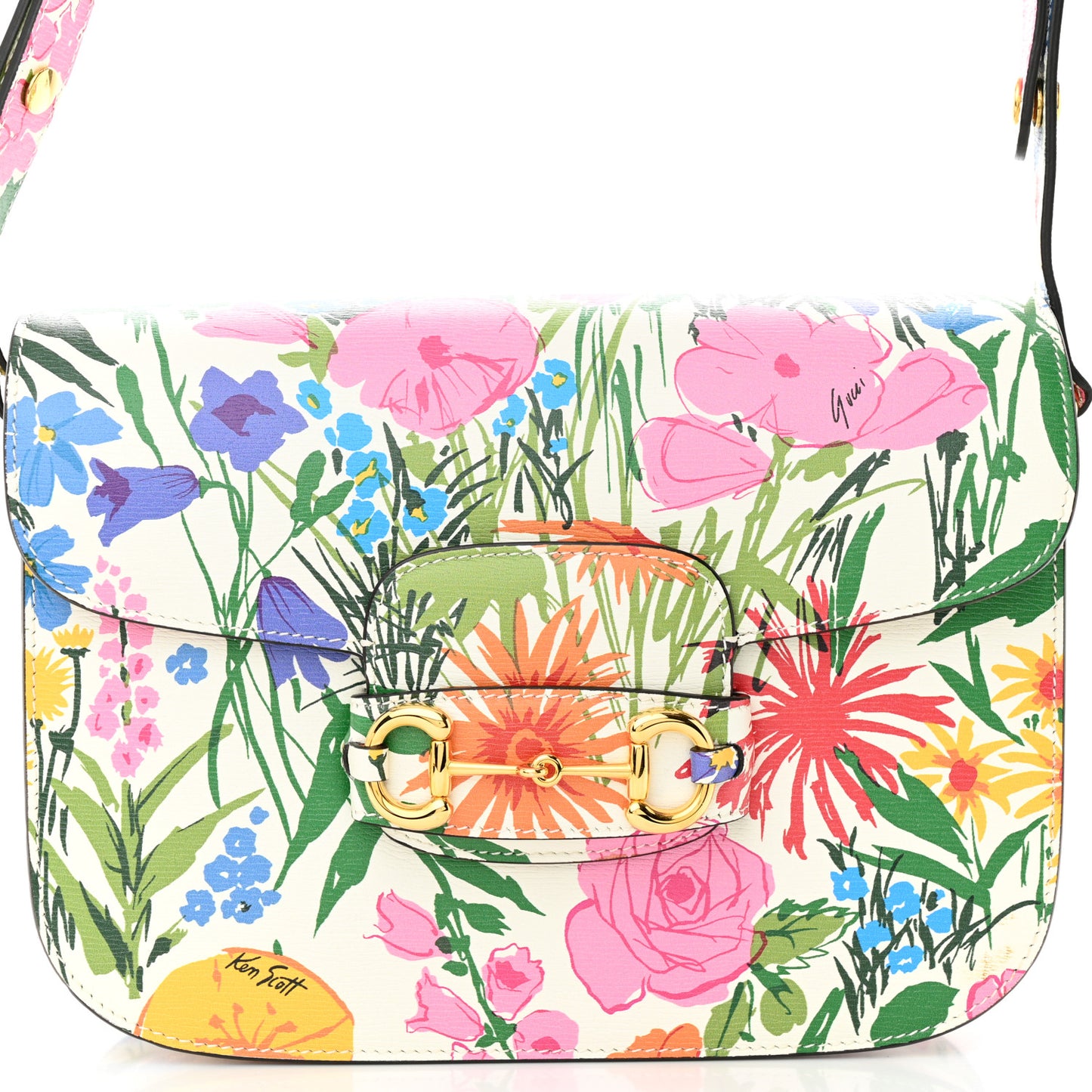 X KEN SCOTT New Shangai Calfskin Jardin D'Avril Floral Print Horsebit 1955 Shoulder Bag Ivory Pink Wild Rose