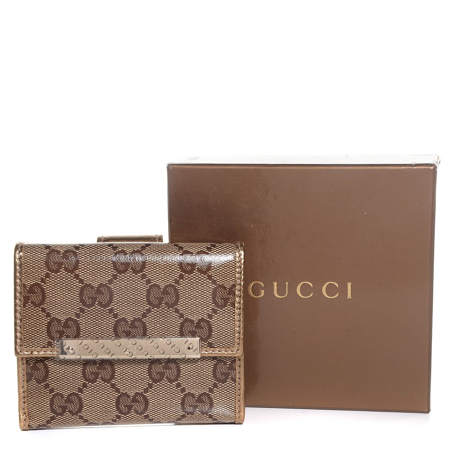 Crystal Monogram Metal Bar French Flap Wallet Gold