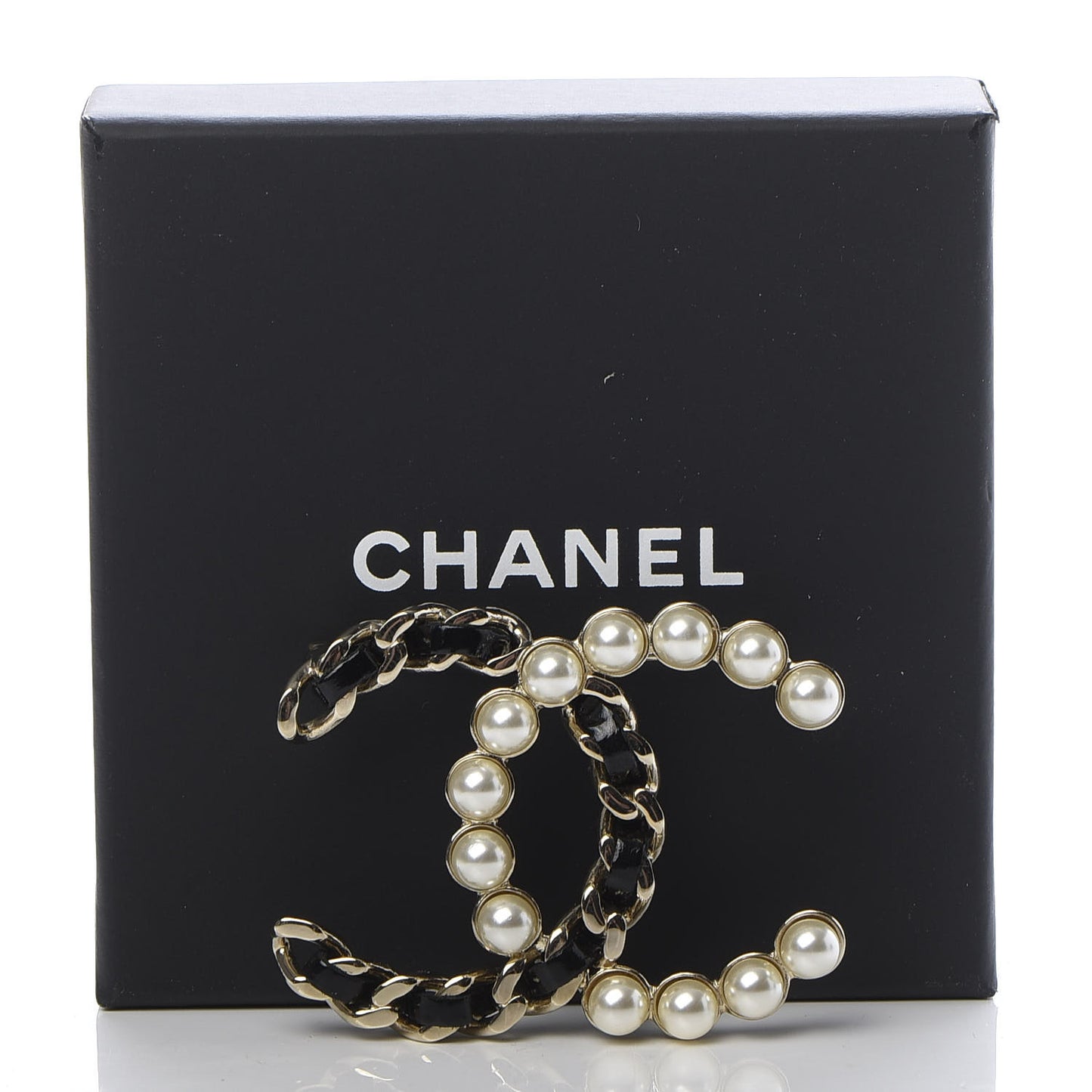 Lambskin Pearl CC Chain Brooch Black Gold