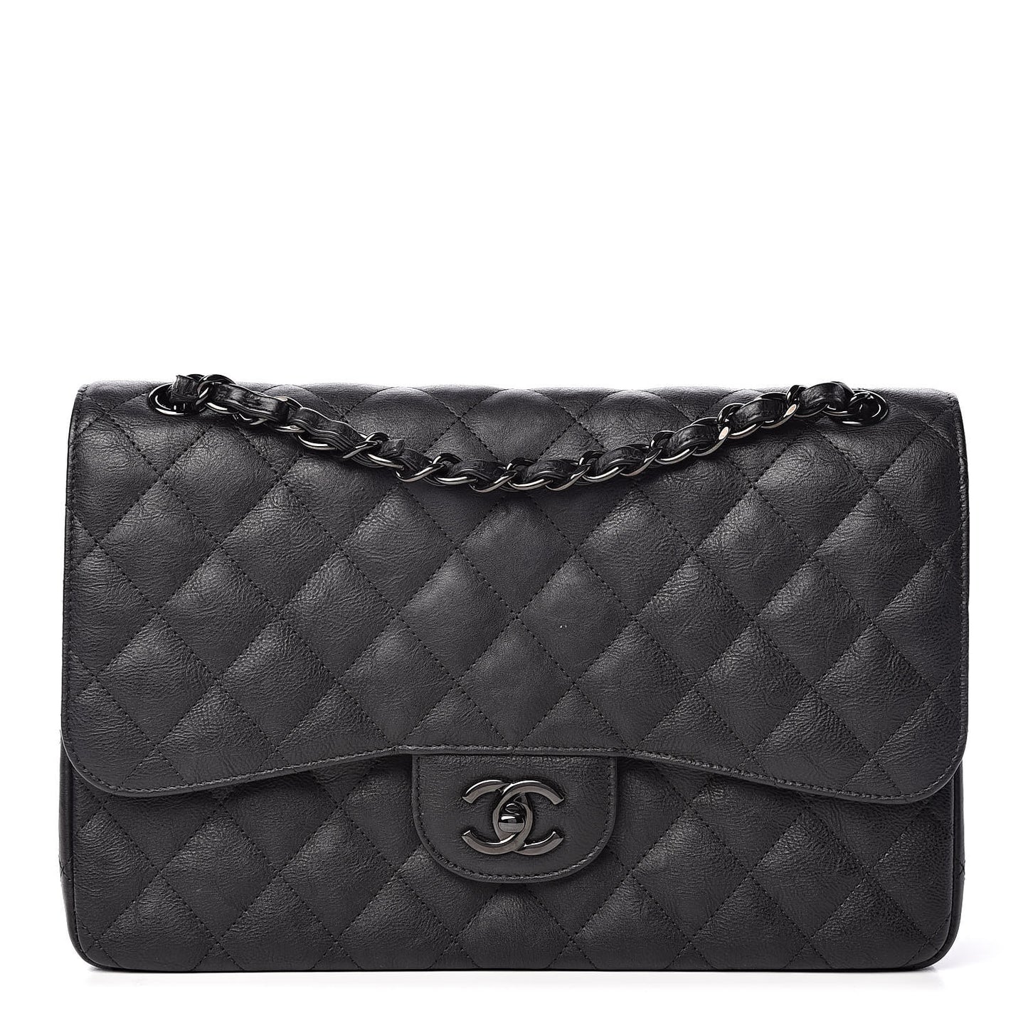 Crumpled Calfskin Quilted Jumbo Double Flap So Black