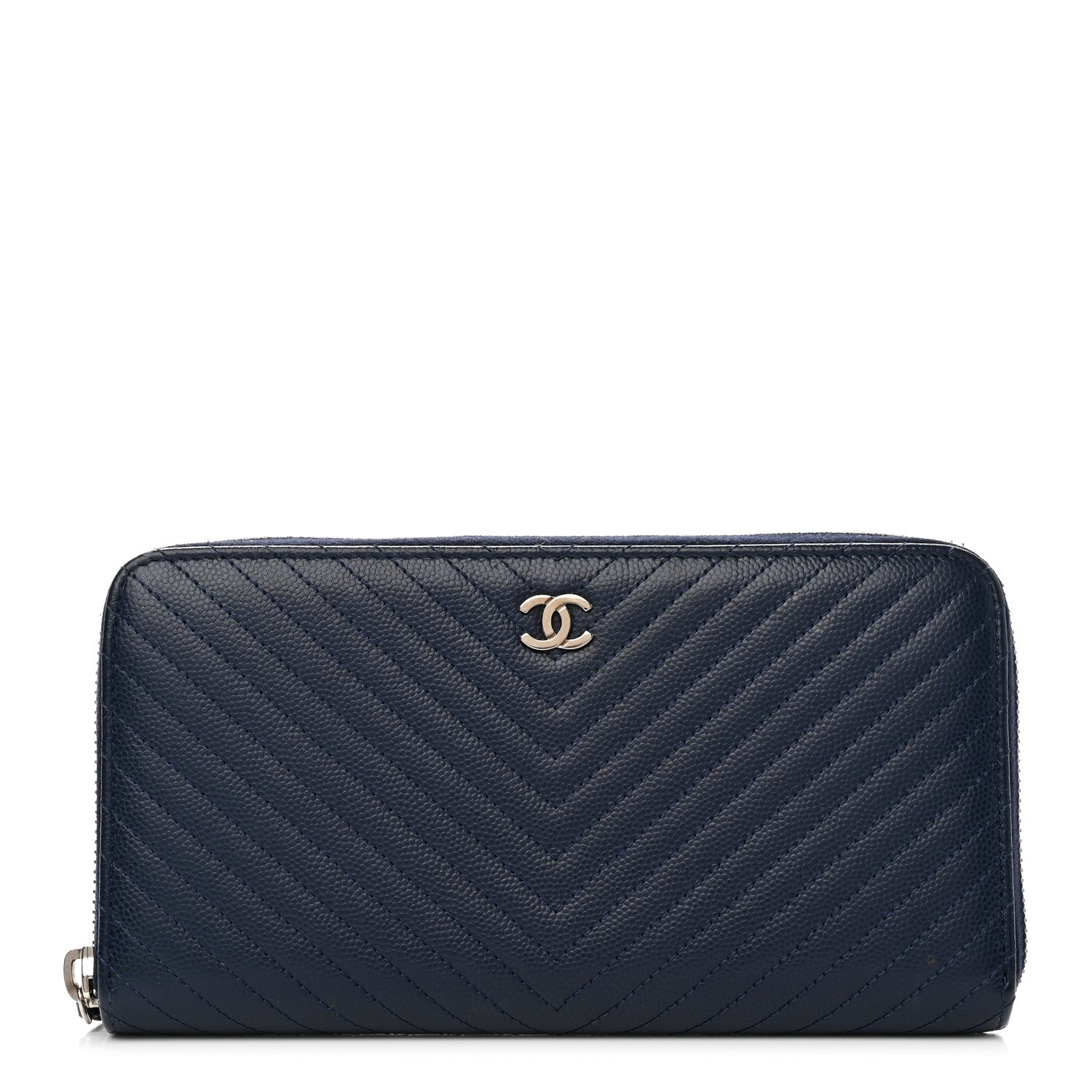 Chanel Caviar Chevron Quilted Large Gusset Zip Around Wallet Navy 1 of 11
