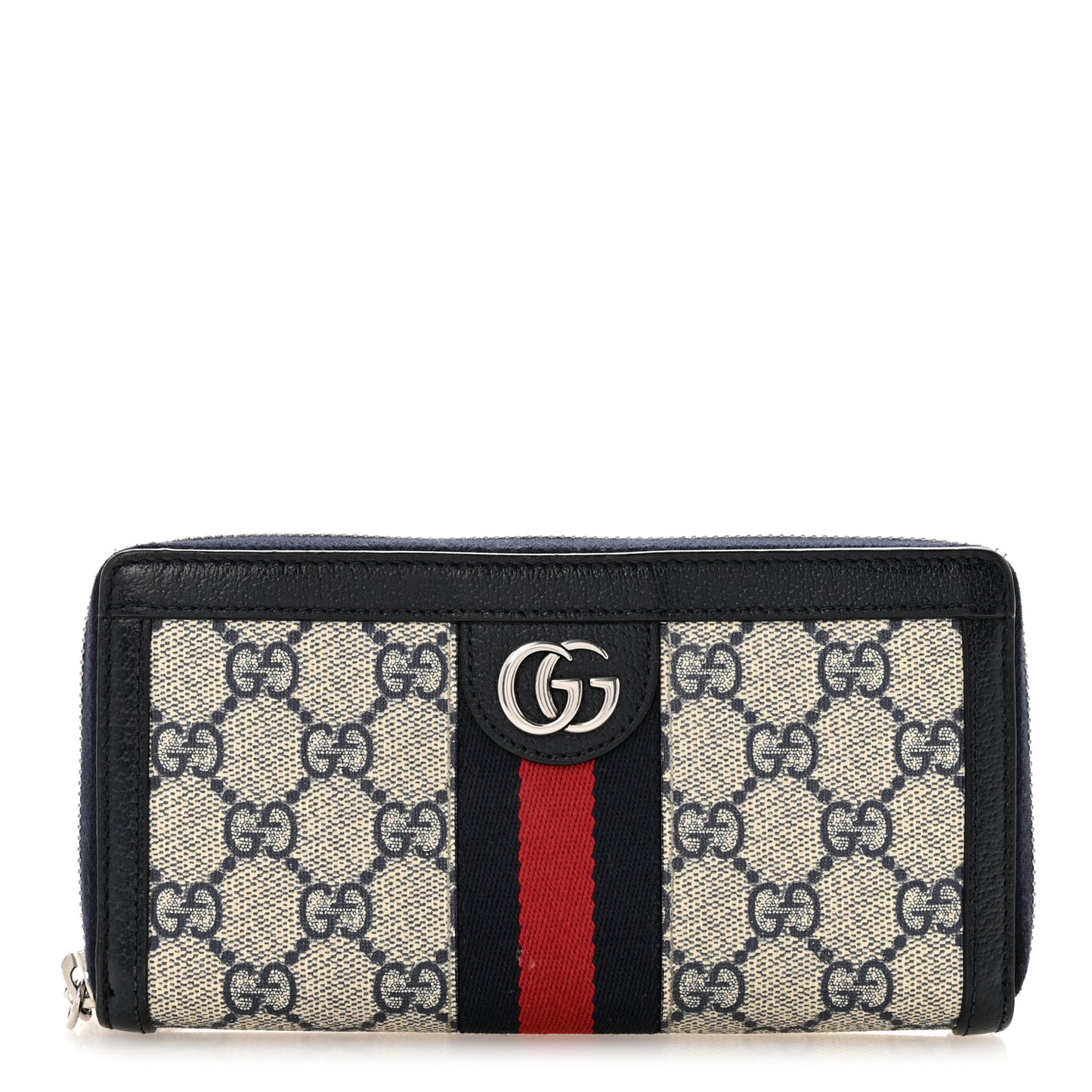GG Supreme Monogram Textured Dollar Calfskin Web Ophidia Zip Around Wallet Beige Blue