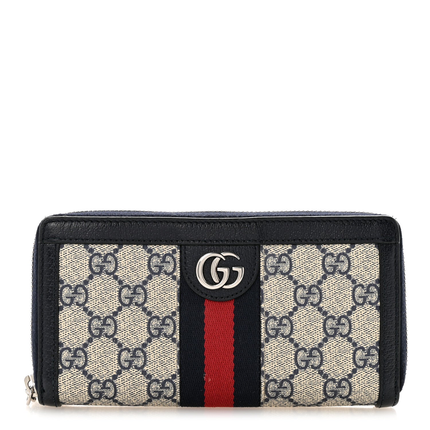 Gucci GG Supreme Monogram Textured Dollar Calfskin Web Ophidia Zip Around Wallet Beige Blue 1 of 11