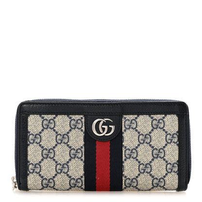 Gucci GG Supreme Monogram Textured Dollar Calfskin Web Ophidia Zip Around Wallet Beige Blue 1 of 11