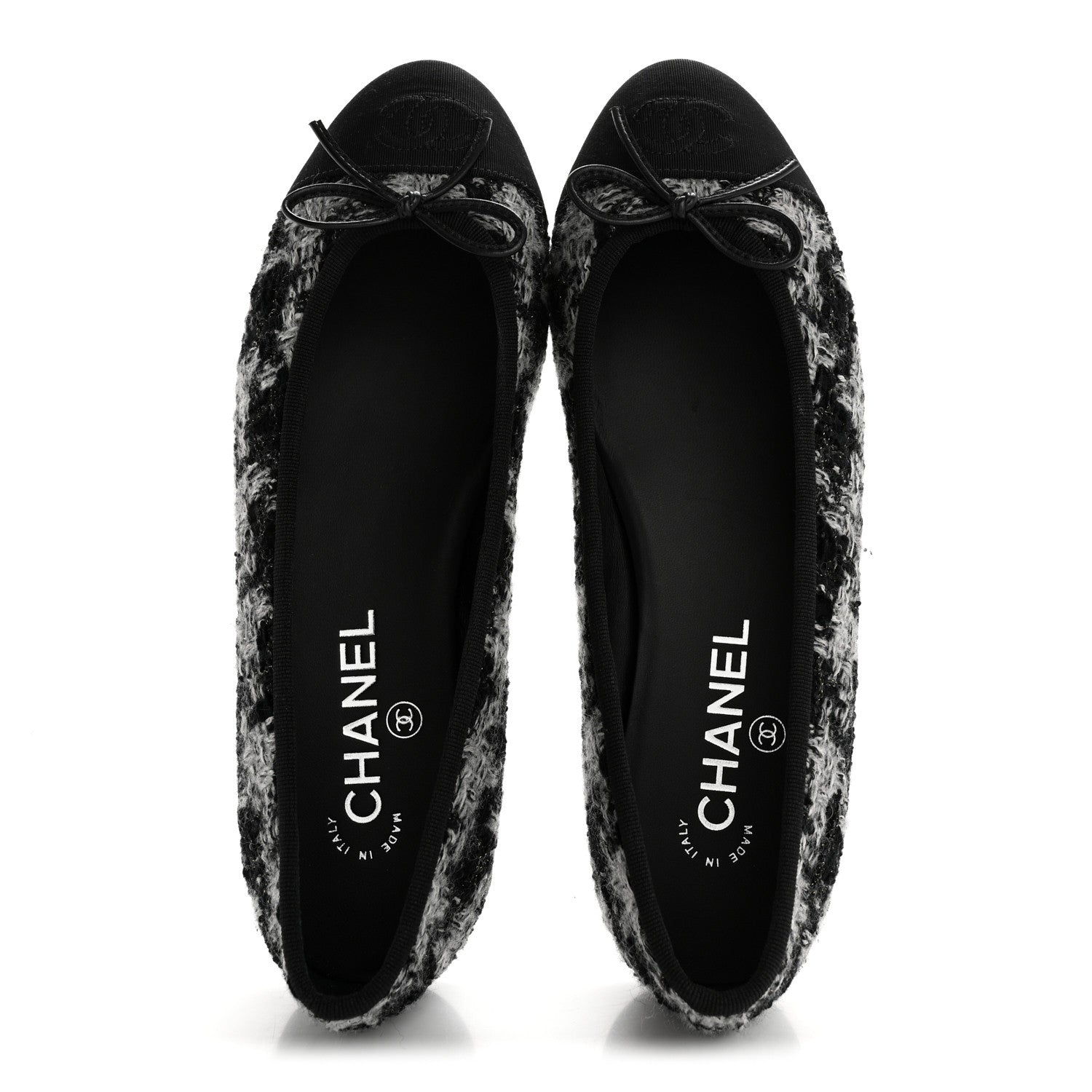 Chanel Wool Cotton Tweed Grosgrain Cap Toe Ballerina Flats 38 Black Gray 2 of 10