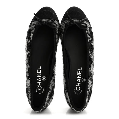 Chanel Wool Cotton Tweed Grosgrain Cap Toe Ballerina Flats 38 Black Gray 2 of 10