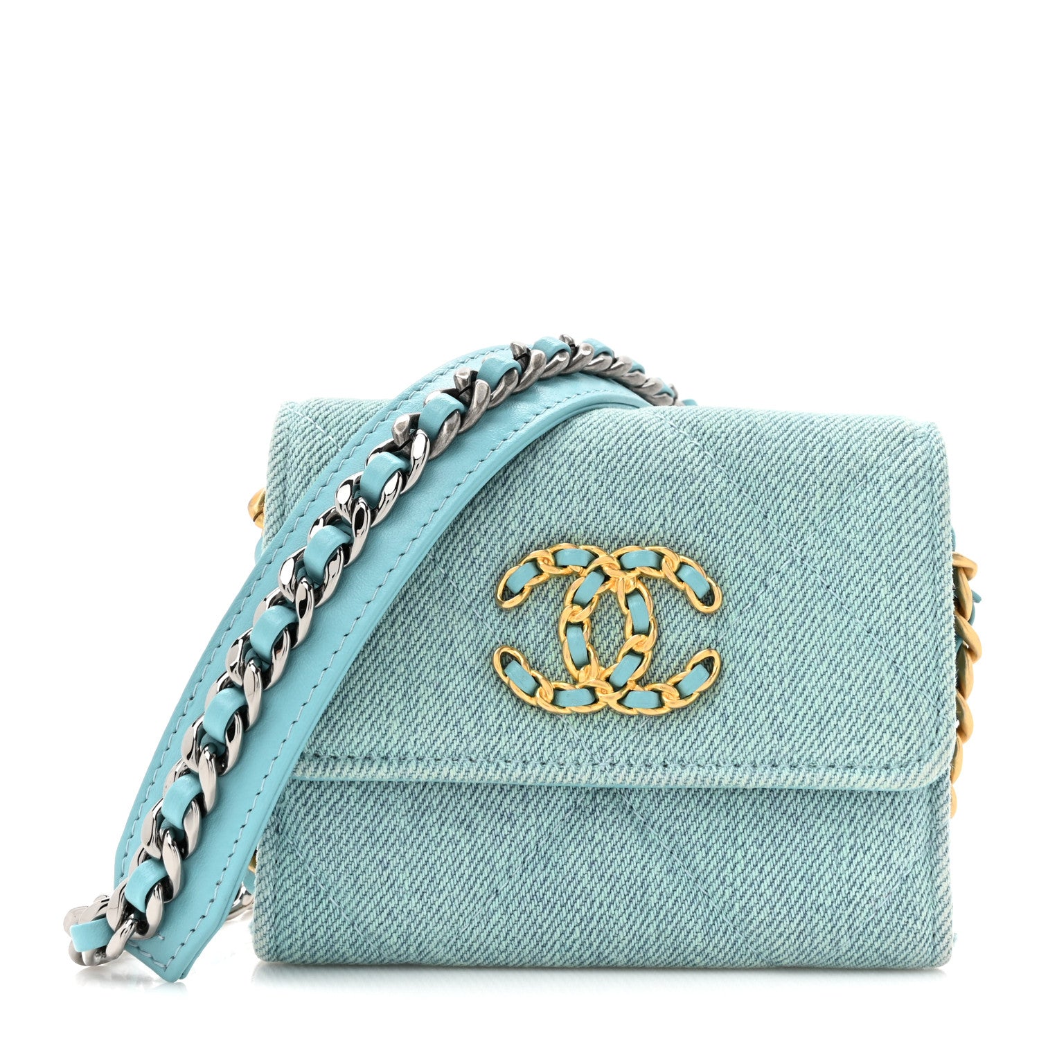 Chanel Denim Quilted Chanel 19 Flap Card Holder With Chain Light Blue 1 of 12
