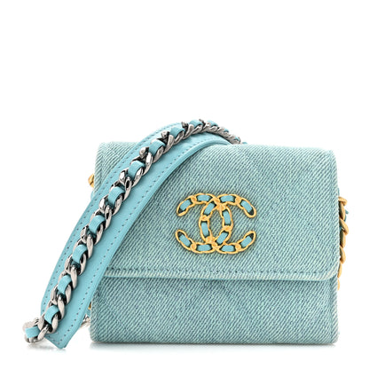 Chanel Denim Quilted Chanel 19 Flap Card Holder With Chain Light Blue 1 of 12