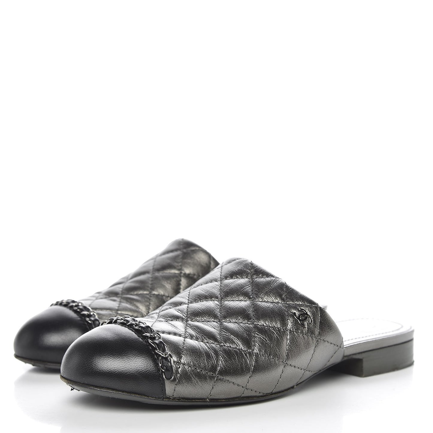 Iridescent Lambskin Quilted CC Chain Mules 35 Silver Black