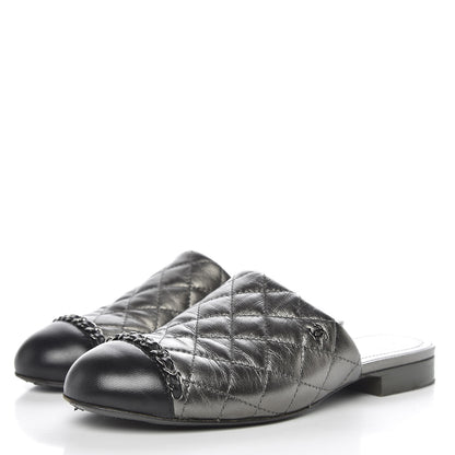 Chanel Iridescent Lambskin Quilted CC Chain Mules 35 Silver Black 3 of 13