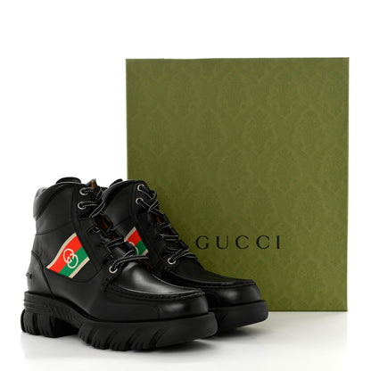 Gucci Quebec Calfskin Web Mens Interlocking G Lace Up Combat Boots 9 Black Mystic White Green Red 9 of 9
