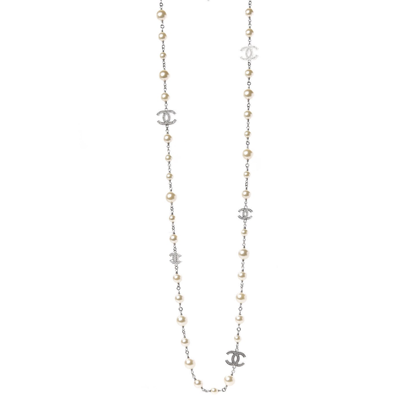 Graduated Pearl Crystal CC Long Necklace Silver