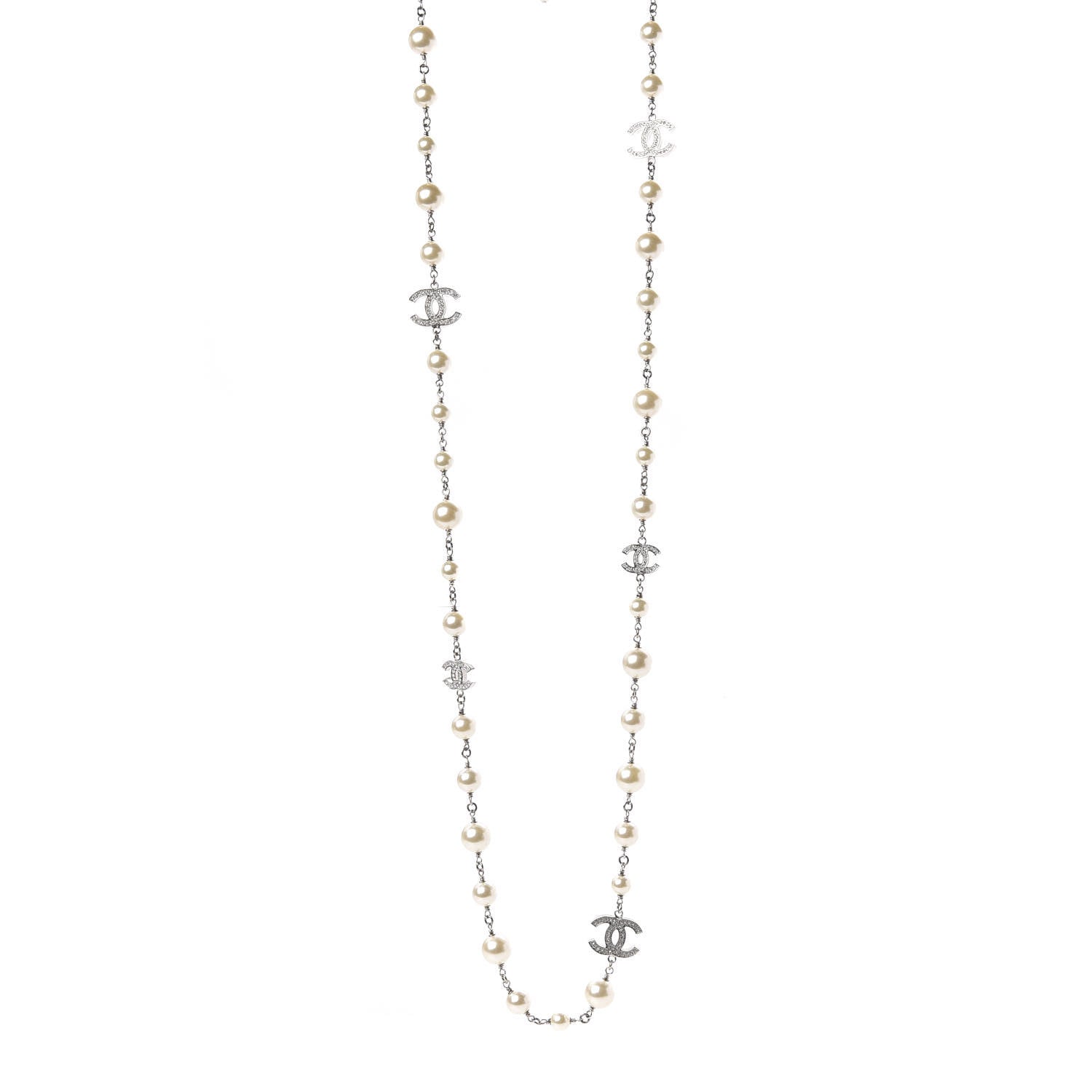 Chanel Graduated Pearl Crystal CC Long Necklace Silver 1 of 5